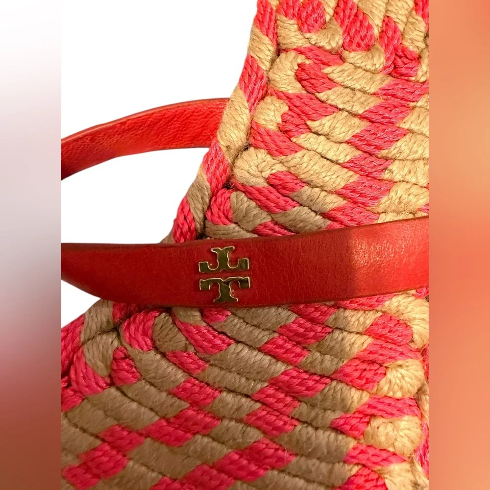 Tory Burch Two Band Flat Espadrille Slide Sandals | Hot Pink & Tan | Size 8